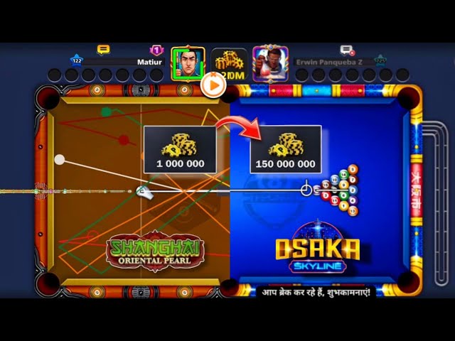 🔥Aim King (Hack) - 2M to 200M Table 😱 8 Ball Pool | Shanghai To Osaka Table | 1b Coins In 2 Hours 🤑