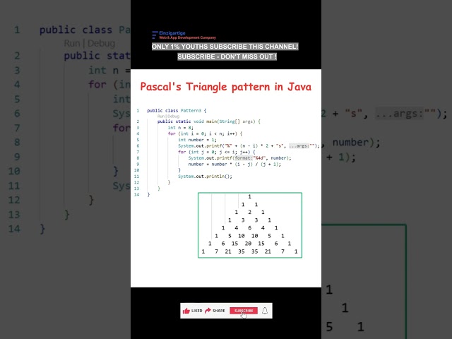 Subscribe 👍 Like ❤️ | This Java Code Prints Pascal’s Triangle! #shorts #viral #youtubeshorts