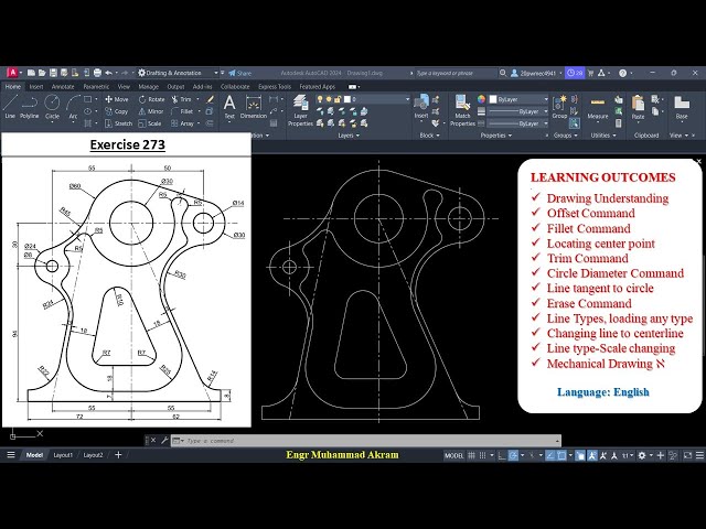 AutoCAD Exercise 273 | 2D Mechanical Drawing Tutorial Step-by-Step | Offset, Fillet & Trim Commands