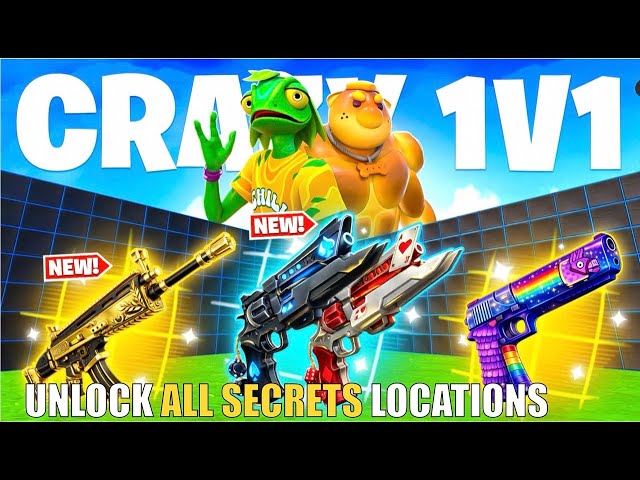 CRAZY 1V1 FFA ALL GUNS & RIDES MAP FORTNITE CREATIVE (PART 47) - FIND ALL NEW SECRETS LOCATIONS