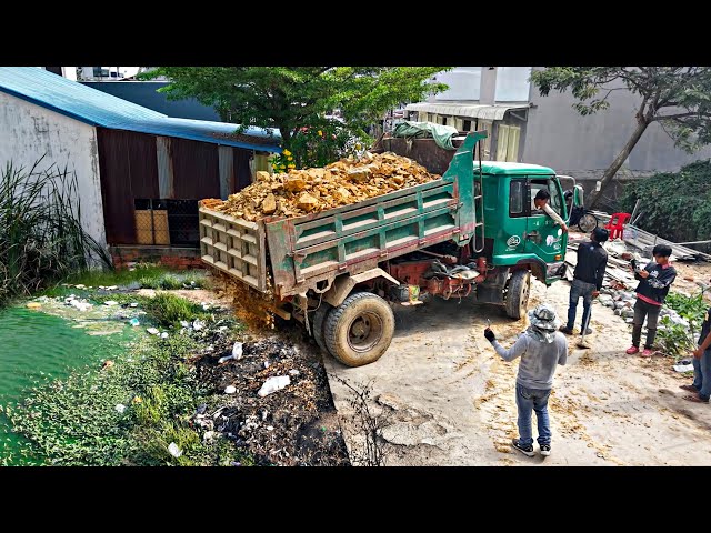 Starting a Amazing PROJECT!! Dump Truck Unloading Stone with Komat'Su D20P Dozer