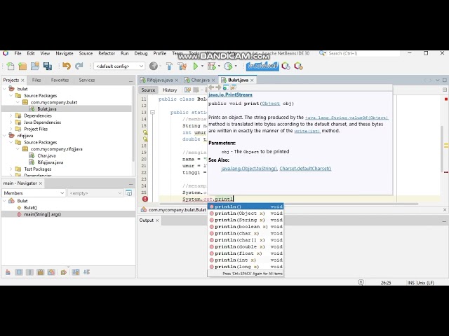 Membuat program Java untuk menampilkan class bulat dan class char 