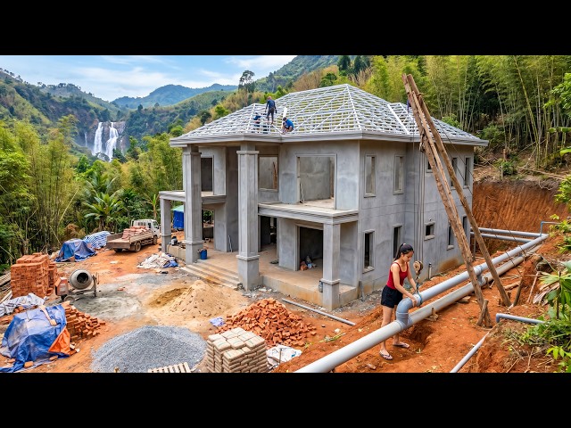 TIMELAPSE- Building a Villa Deep in the Forest for a Young Woman Using Stone, Bricks and Cement
