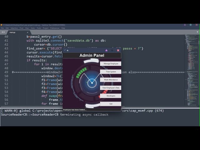 Python GUI Open CV Face recognition Project  with Sqlite3 in a single file Demo