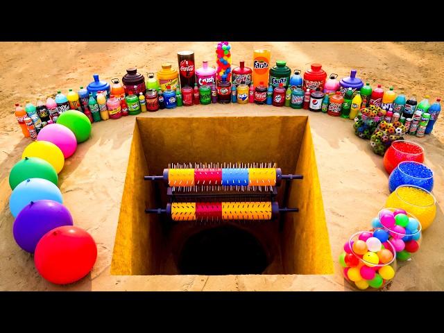 Experiment: Crushing Giant Balloons vs Giant Shredder with Coca-Cola, Fanta and Mentos Underground