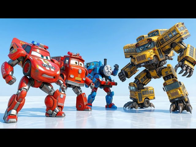 Kitten and his friend found lightning McQueen and thomas and firetruck (monster school bus fight) 