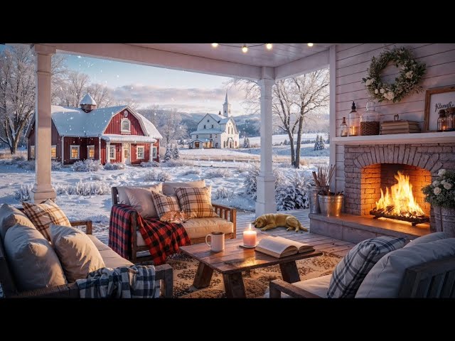 Cozy Winter Farmhouse Porch Ambience | Crackling Fireplace & Snow