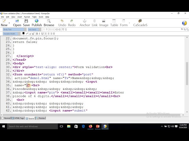 TextBox Validation on Form in KompoZer using JavaScript.