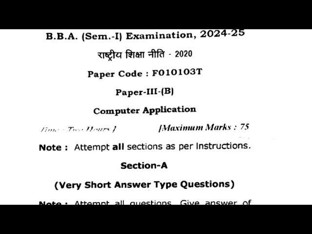 BBA 1st Semester Computer Application Question paper 2025 || BBA 1st Semester Question paper 2025