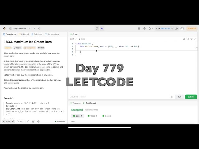 Day 779: LeetCode Problem 1833. Maximum Ice Cream Bars - Swift