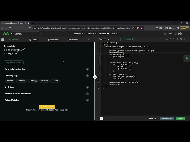K Largest Elements | GFG Solution in C++ | Min Heap Approach