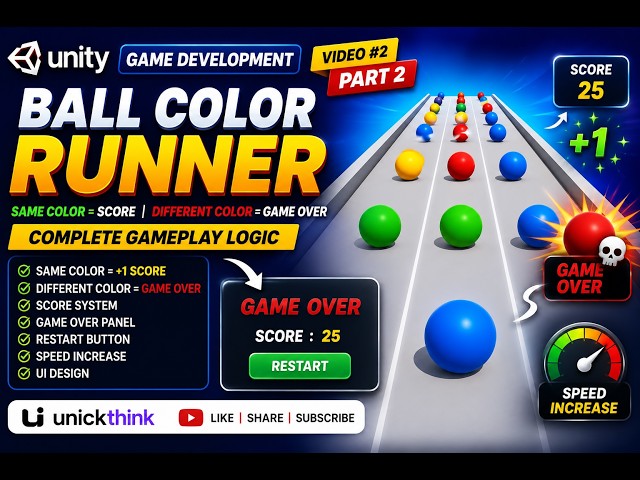 AI Se Unity Mein Ball Color Runner Game Banaye 🎮 | Score System, Game Over UI & Restart| Part 2(V#2)