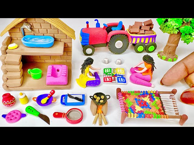 DIY How to make polymer clay miniature Village House, Washroom Set, Kitchen Set, Tree, Charpai