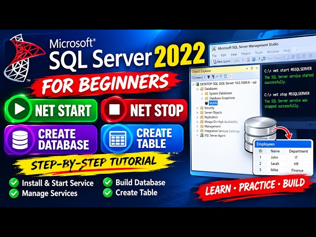 SQL Server 2022 Tutorial for Beginners | NET START, NET STOP, Create Database & Table
