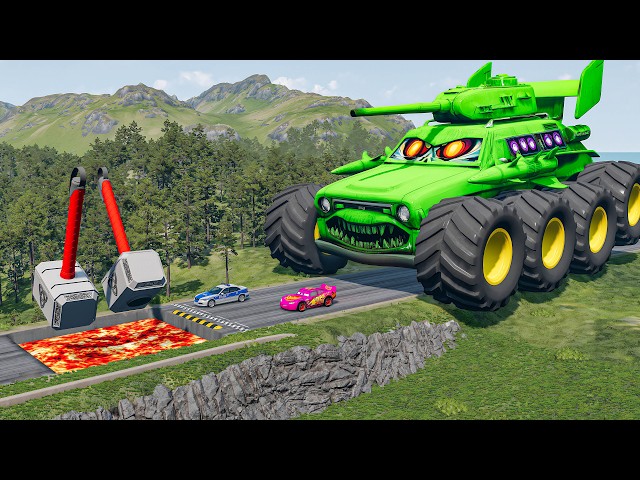 Giant TANK TRUCK VS Cars Lightning McQueen & Police Car & 2x THOR HAMMER Downhill Race|Beamng.Drive