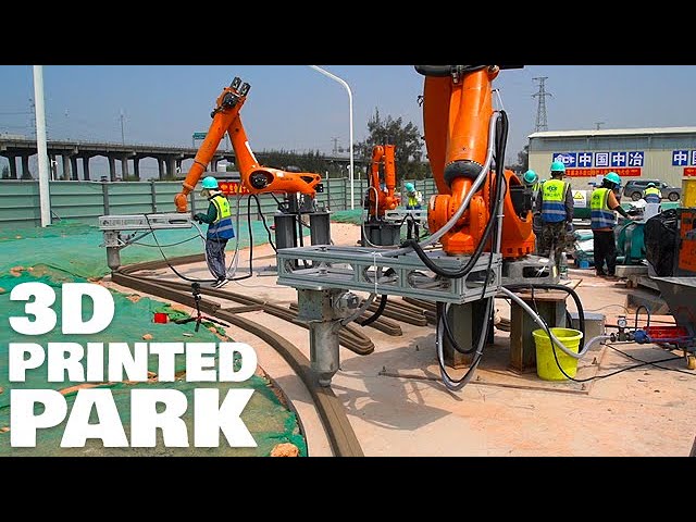 Robots 3D Print Park with Benches, Paths and Sculptures