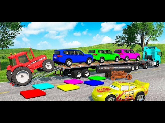 TRANSPORTING PIXAR CARS & FRUITS WITH COLORED & JOHN DEERE vs CLAAS vs TRACTORS - BeamNG.drive