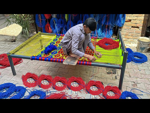 Amazing Technique Of Weaving a Cot | Wonderful Designed Nylon Rope Cot Weaving by Skilled Craftsman
