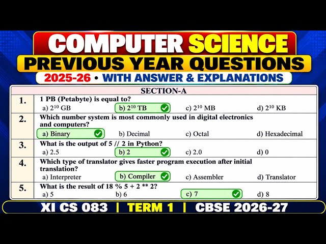 Class XI Computer Science Previous Year Questions 2025-26 | Term 1 | Answers & Explanations | CS 083