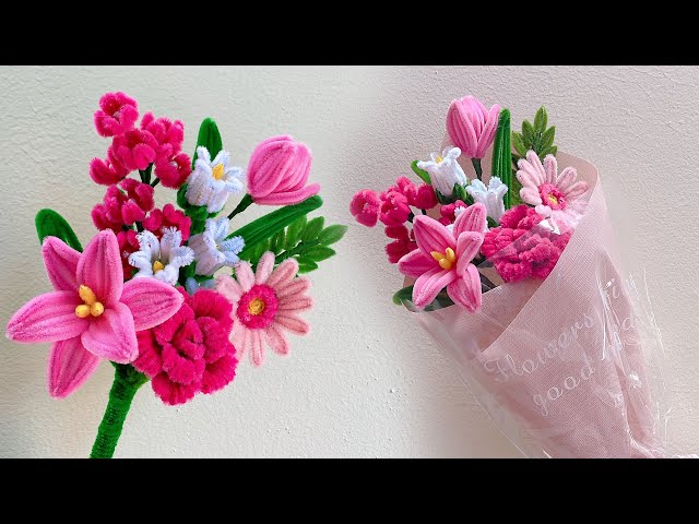 💐DIY Pipe Cleaner Flower BOUQUET - Flower Bouquet making at Home - Easy Gift idea - DIY Pipe Cleaner