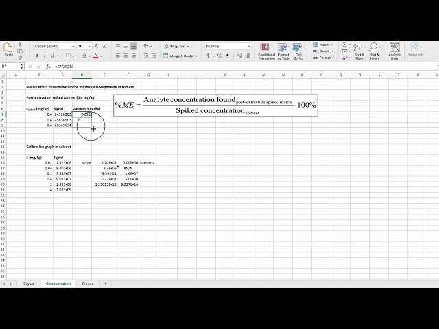 Calculating matrix effect based on concentrations
