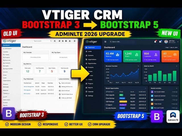 Vtiger CRM Bootstrap 3 to Bootstrap 5 Upgrade Using AdminLTE | Modern CRM Dashboard 2026