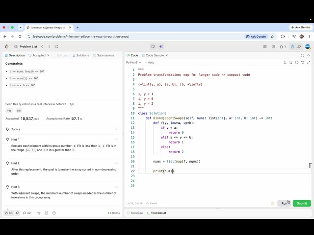 leetcode 3994  Minimum Adjacent Swaps to Partition Array | problem reduction, progressive coding