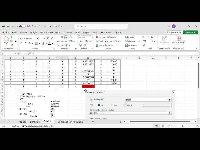 Actividad 10   Ejercicios desarrollados en Excel con ayuda de solver