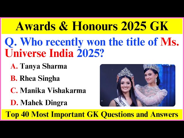 Awards and Honours 2025 | Awards Current Affairs 2025 | Current Affairs 2025 | Mcq Mastery
