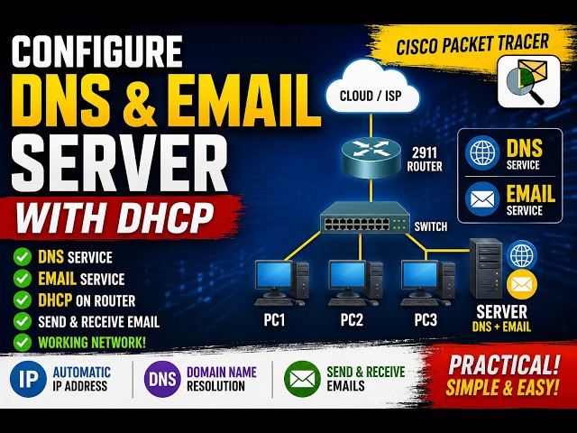 How to Configure DNS & Email Server with DHCP in Cisco Packet Tracer