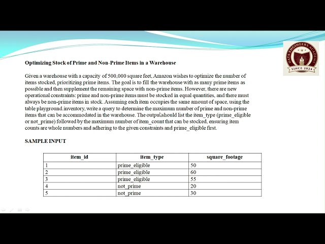 Amazon SQL Interview Question Optimizing Prime vs Non Prime Stock