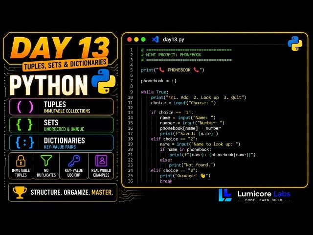 Python Tuples, Sets & Dictionaries Explained (Lumicore Labs - Day 13)