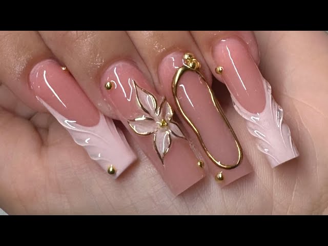 Long 3d Line French 3D Chrome Flower Acrylic Nails