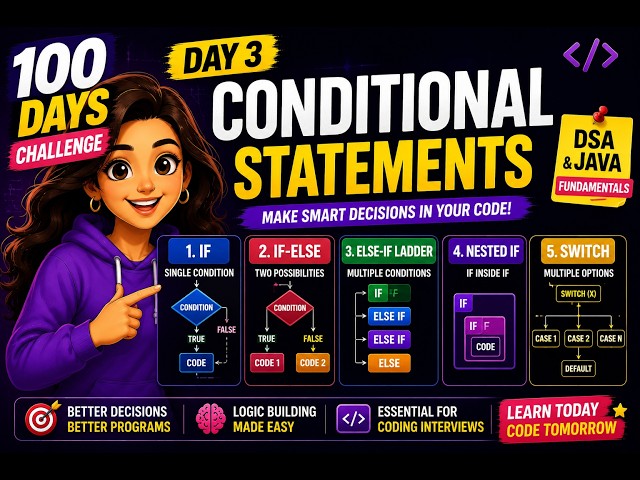 Day 3 DSA | Conditional Statements  | if, if-else, else-if, Nested if & Switch | 100 Days Challenge