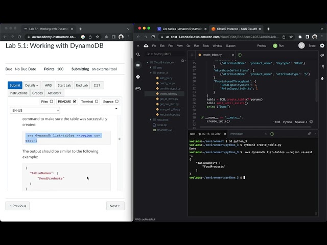 AWS Academy Cloud Developing Lab 5.1:  Working with DynamoDB