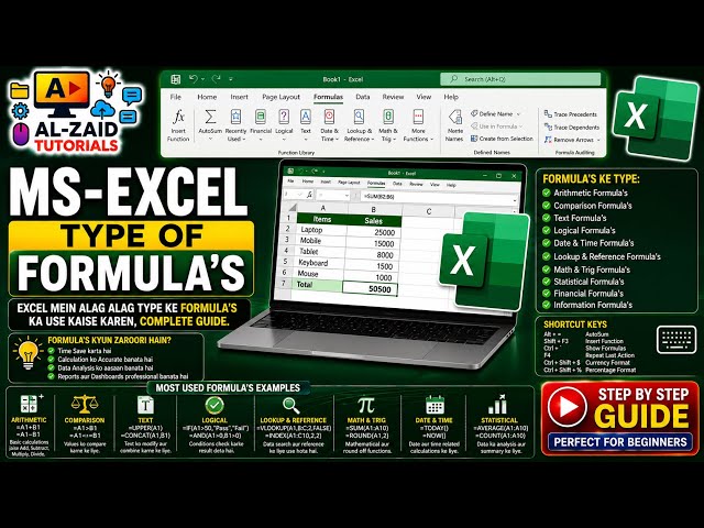 02-MS-EXCEL Type of Formula's || Hindi / Urdu || Al-Zaid Tutorials