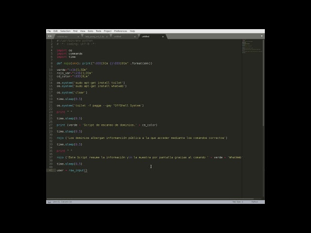 Programando un Script en Python con OffShell System. Toilet, colores y el comando WhatWeb.