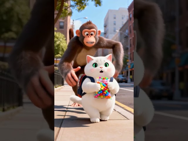 ¡El desastre de un mono lleva a una dulce sorpresa para un gato blanco! 🍎🍬🐾 #gracioso #gato #dibu...