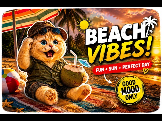 AI animation cat having fun at the beach