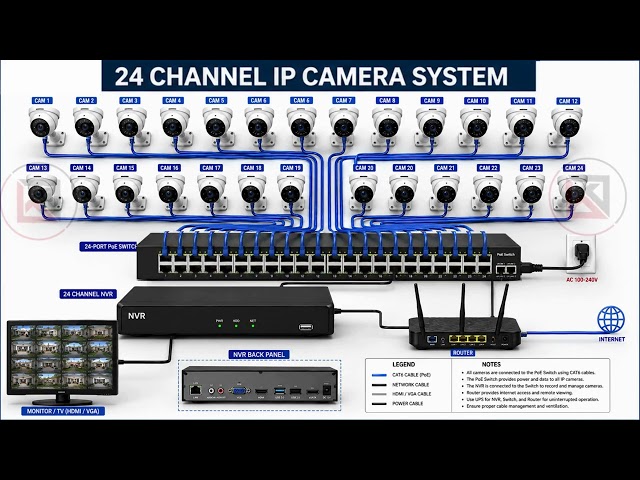 24 CCTV Cameras Wiring Diagram with PoE Switch & NVR