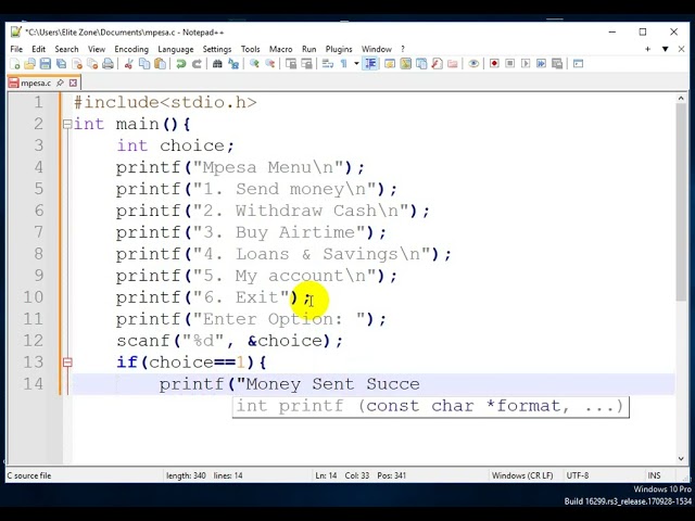 Create mpesa Menu Using If else Statements in c language