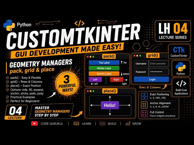 Geometry Managers (pack,grid & place) ~ CustomTkinter LH04 #customtkinter #python #gui 