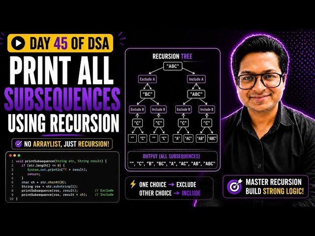 Print All Subsequences Using Recursion | Day 45 of 100 Days of DSA with Java