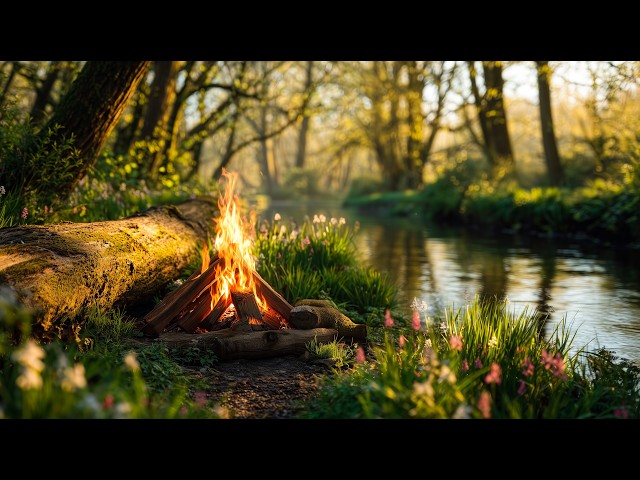 🌅 Soft Morning Light through the Trees 🌿 Campfire by the River