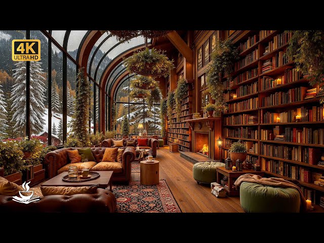Soft Jazz for Reading Books in a Winter Library | Snowy Window Views, Cozy Shelves & Calm Bookish