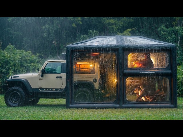 Luxury 2 STORY TENT Camping in Heavy Rain 🌧️ ALONE in a Comfortable Shelter | Eat, Sleep, Study ASMR