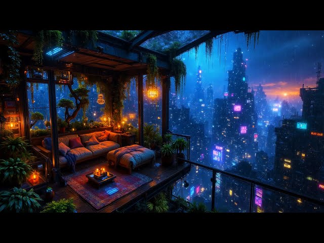 Lofi Ambient – Rainy Cyberpunk Balcony with Cozy Warm Lights | Chill Vibes for Sleep & Study | 4K