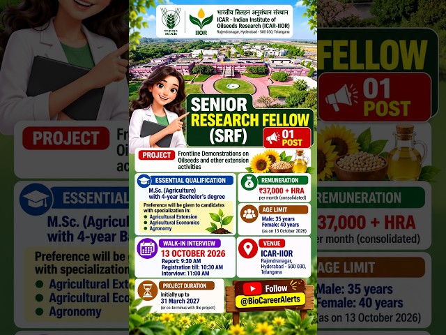 Senior Research Fellow 🚨 | Walk-in: 13 Oct 2026 | ICAR-IIOR | ₹37,000 + HRA