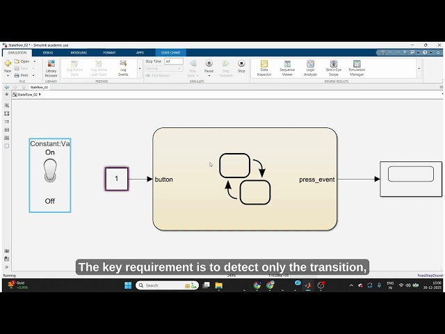 82. Design a Stateflow chart that detects a button press (rising edge detection).