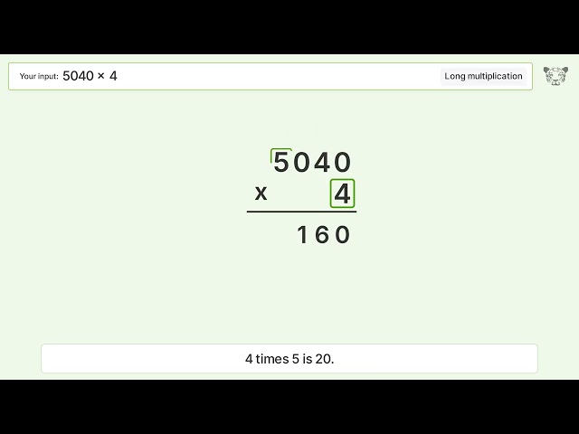 5040 x 4 Long Multiplication - Step-by-Step